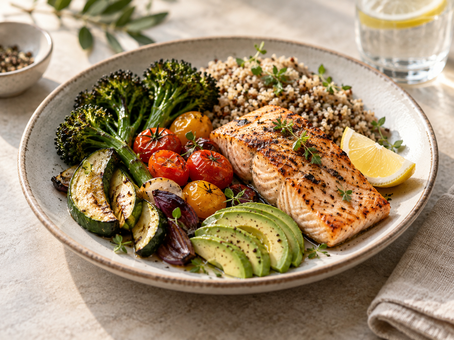 A plate of grilled salmon with roasted vegetables, quinoa and avocado