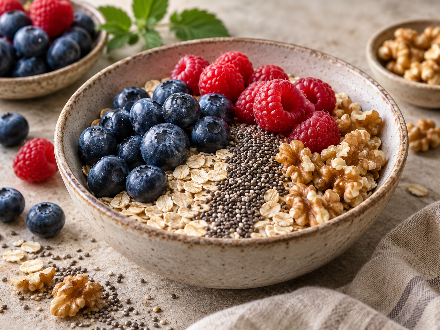 A bowl of oats topped with berries, chia seeds and walnuts