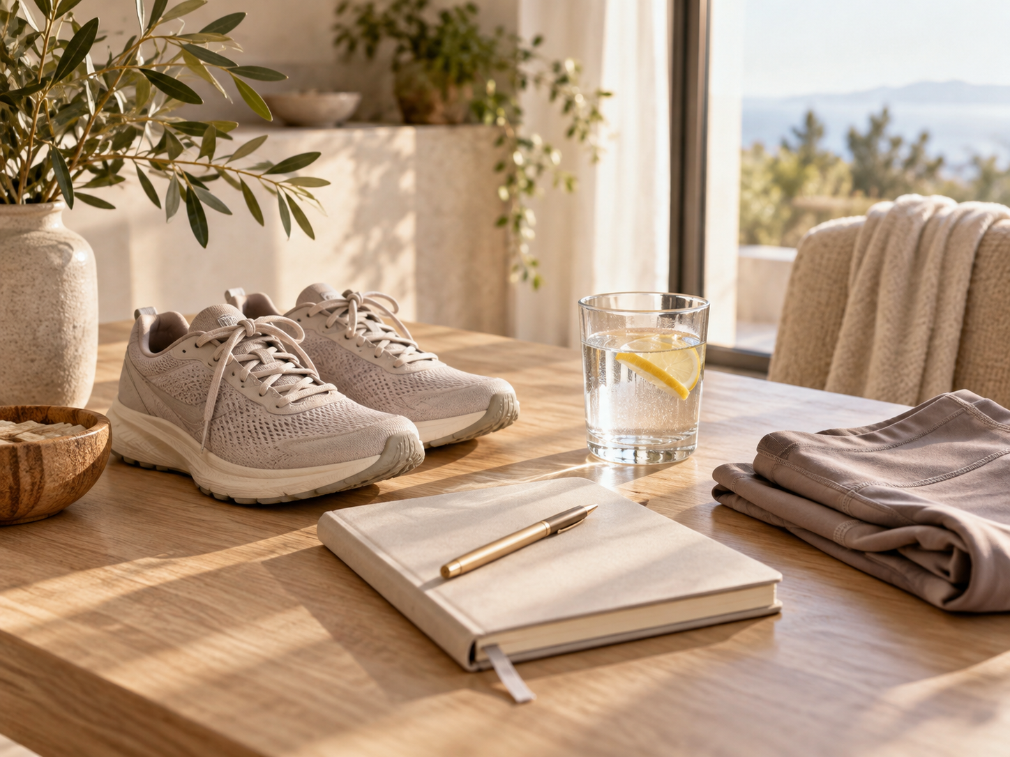 Walking shoes, a journal and a glass of water on a sunlit table