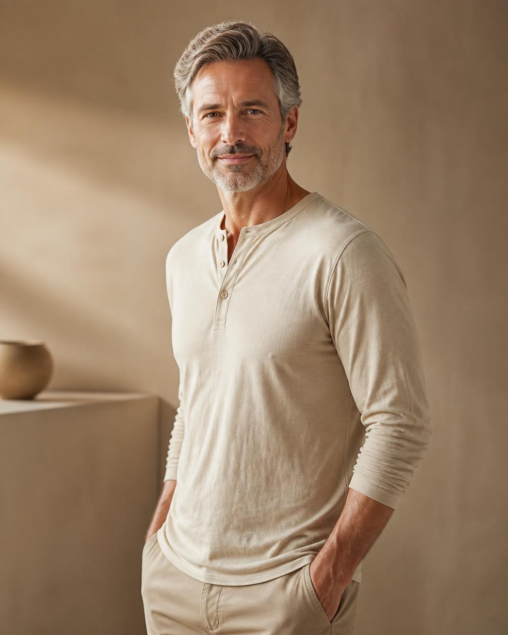 Person standing relaxed in a bright, calm room