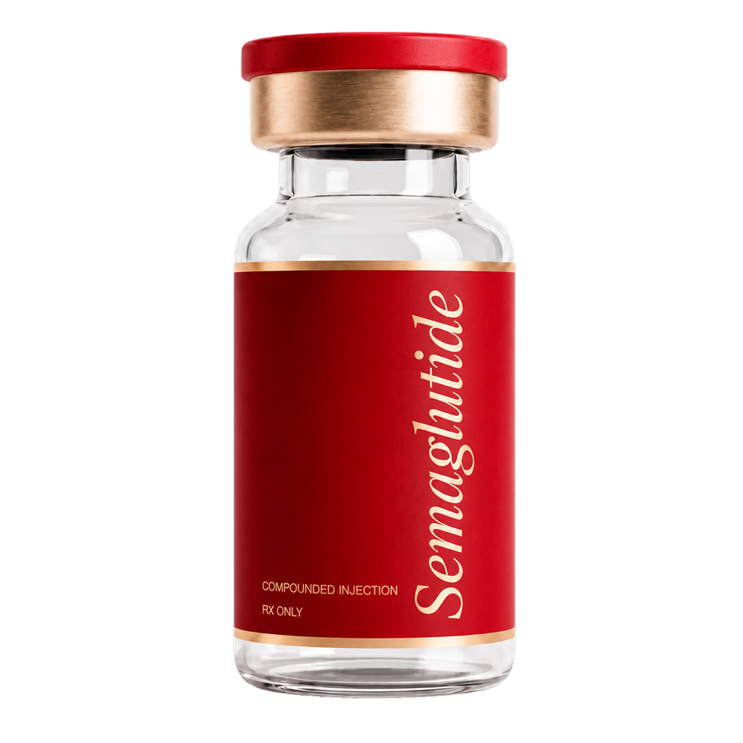 Compounded semaglutide vial with a crimson and gold HealFast label