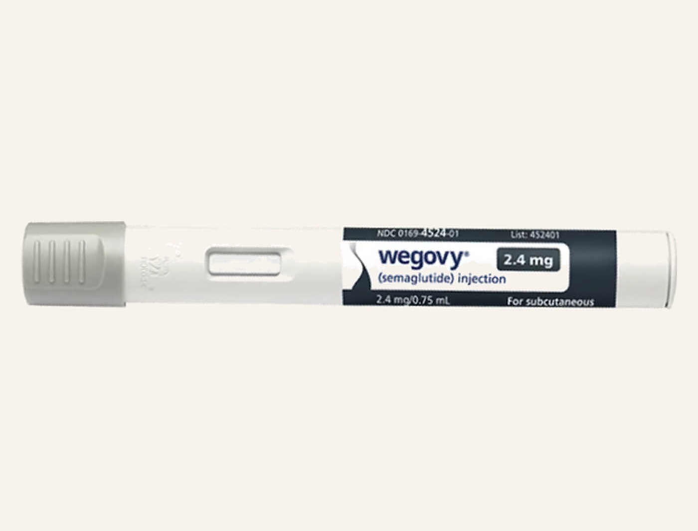 Wegovy® single-dose injector pen shown horizontally on a warm neutral background