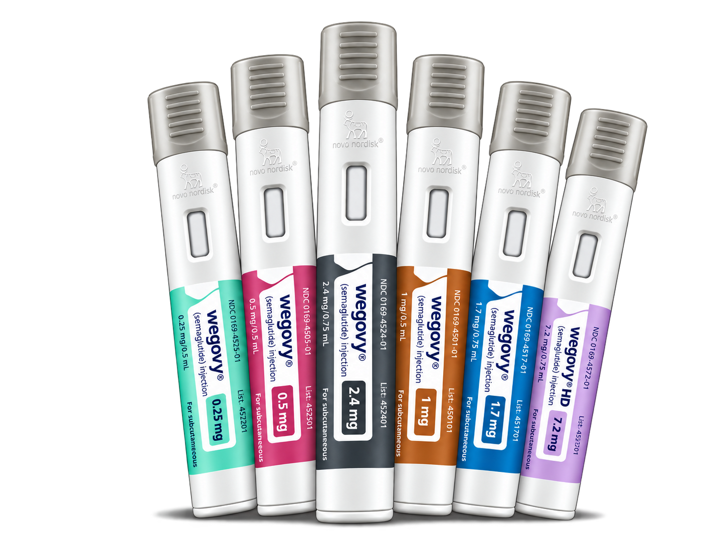 The six Wegovy single-patient-use semaglutide pens, from 0.25 mg through Wegovy HD 7.2 mg