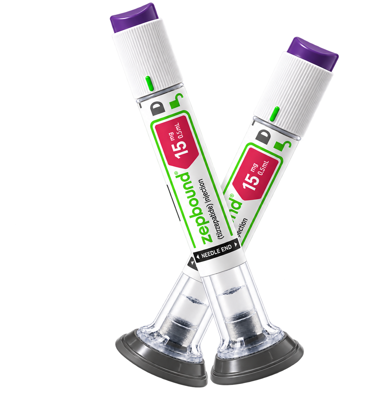 Two Zepbound 15 mg single-dose tirzepatide injection pens, crossed